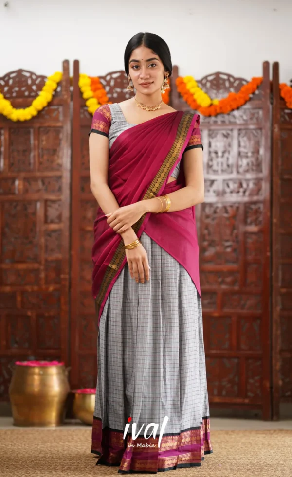 Padmaja Cotton Half Saree - Grey and Pinkish magenta